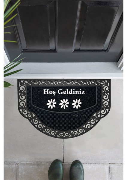 M&H Quality Yarım Ay Modeli Hoş Geldiniz Yazlı Çiçek Desenli Kapı Önü Paspası