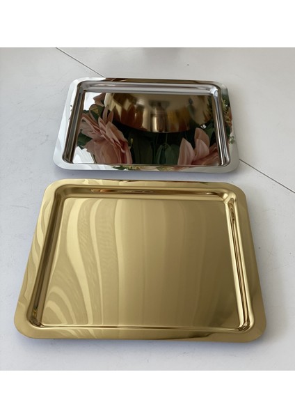 Çelik Kare 1 Adet Gold 1 Adet Gümüş Servis ve Sunum Tepsisi