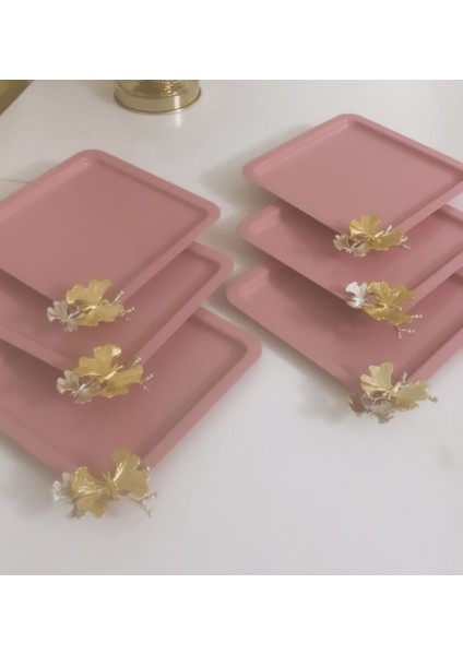 Pembe Renk 6 Lı Kelebekli Kare Servis Tepsisi