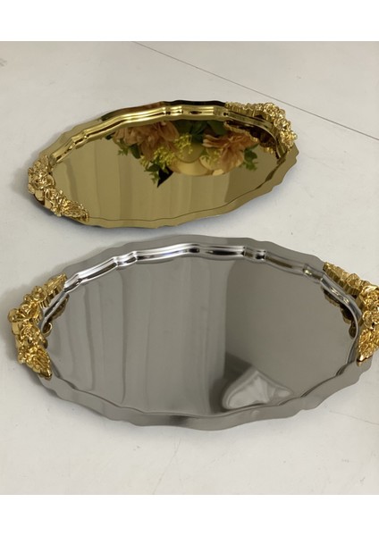 20*25 cm Gold ve Gümüş Oval Kulplu Sunum Tepsisi