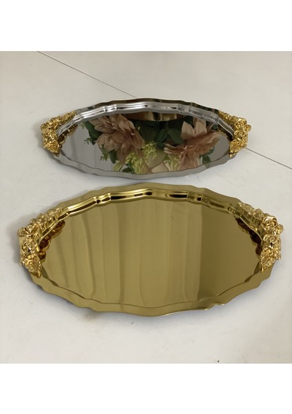 20*25 cm Gold ve Gümüş Oval Kulplu Sunum Tepsisi fiyatları