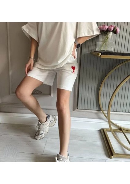 Alinn Butikk Unisex Iki Iplik Baskılı Cepli Oversize Şort - Beyaz