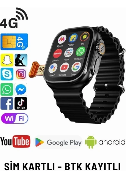 Watch 8 Ultra 4g Lite Sim Kartlı Android Akıllı Saat Gps, Wi-Fi,youtube,çocuk iPhone Huawei Uyumlu 9