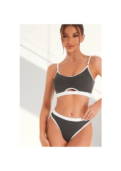 Kadın Gri Antrasit Kaşkorse ve Beyaz Lastikli Cut-Out Tanga Külotlu Takım fırsatları