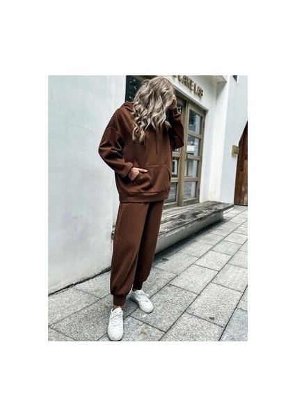 Unisex Kahve Kapşonlu Oversize Eşofman Takımı