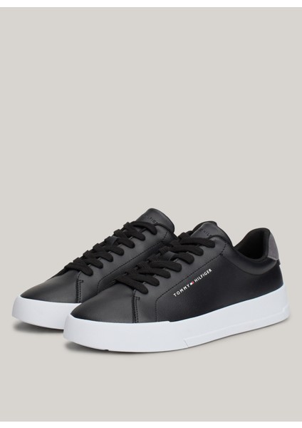 Tommy Hilfiger Siyah Erkek Sneaker Th Court Leather Graın Ess