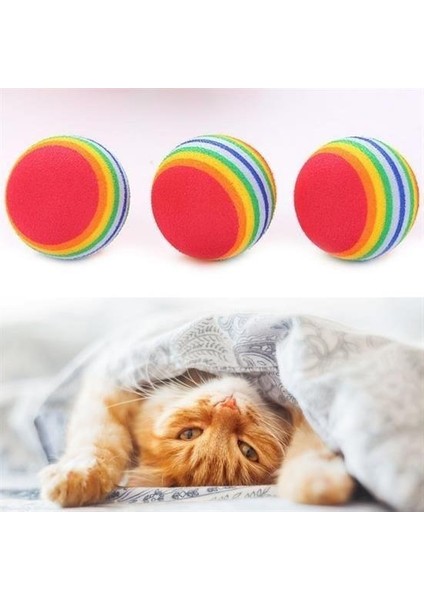 3'lü Gökkuşağı Sünger Kedi Köpek Çiğneme Oyun Topu 4,2 cm - Rainbow Çizgili Kedi Oyuncağı