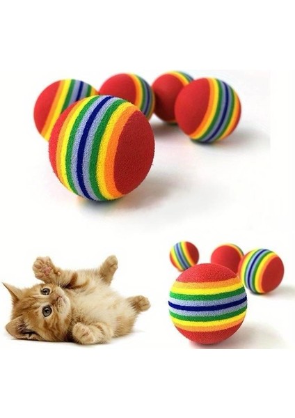 3'lü Gökkuşağı Sünger Kedi Köpek Çiğneme Oyun Topu 4,2 cm - Rainbow Çizgili Kedi Oyuncağı