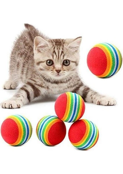 3'lü Gökkuşağı Sünger Kedi Köpek Çiğneme Oyun Topu 4,2 cm - Rainbow Çizgili Kedi Oyuncağı