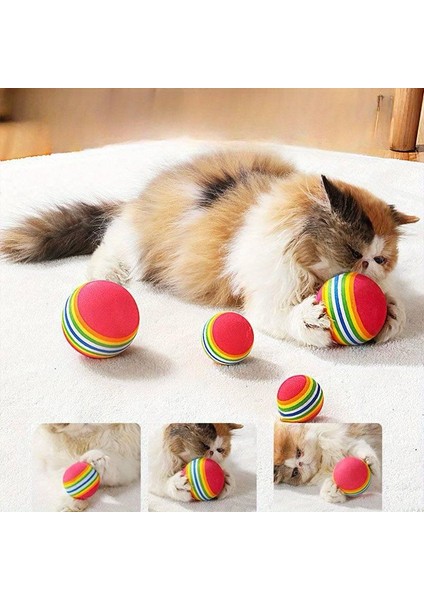 3'lü Gökkuşağı Sünger Kedi Köpek Çiğneme Oyun Topu 4,2 cm - Rainbow Çizgili Kedi Oyuncağı