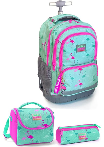 Kids Su Yeşili Flamingo Desenli Çekçekli 3'lü Çanta Seti