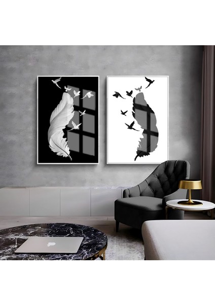 Harikabirev|beyaz-Siyah Tüy Kombini 02 |çerçeveli Cam Tablo 2li Dikey