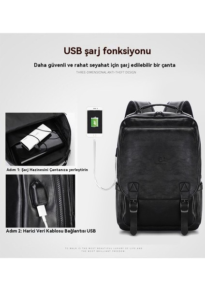 Erkek Pu Sırt Çantası USB Şarjı Büyük Kapasiteli Retro Açık Eğlence Sırt Çantası (Yurt Dışından) fırsatları