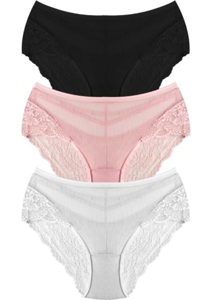 Transparan Tüllü Dantel ve Taş Detaylı Büyük Beden Kadın Bikini Külot 3'lü Paket-2