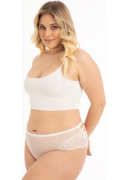 Transparan Tüllü Dantel ve Taş Detaylı Büyük Beden Kadın Bikini Külot 3'lü Paket-2