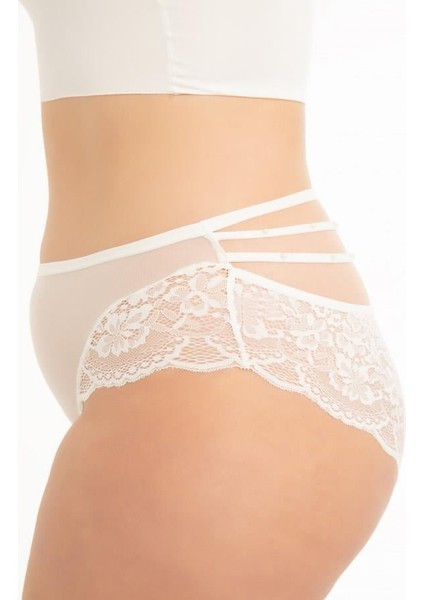 Transparan Tüllü Dantel ve Taş Detaylı Büyük Beden Kadın Bikini Külot 3'lü Paket-2