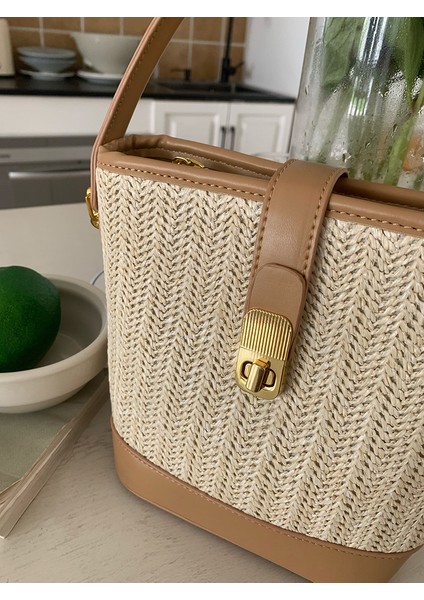 Dokuma Hasır Çanta Kadın Yeni Üst Düzey Sahil Rattan El Yapımı Hiçbir Hasır Çanta Crossbody Çanta Süper Popüler Kova Çantası (Yurt Dışından)