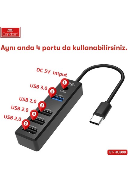 HUB08 Tak Çalıştır 3 Adet USB 2.0 ve 1 Adet USB 3.0 Çıkışlı USB Çoklayıcı - Siyah