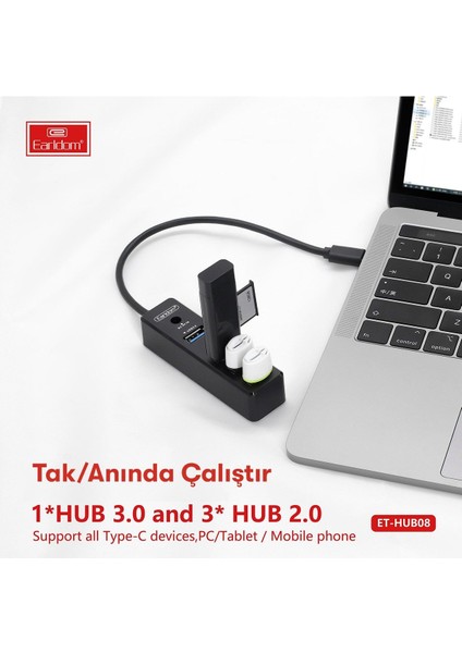HUB08 Tak Çalıştır 3 Adet USB 2.0 ve 1 Adet USB 3.0 Çıkışlı USB Çoklayıcı - Siyah