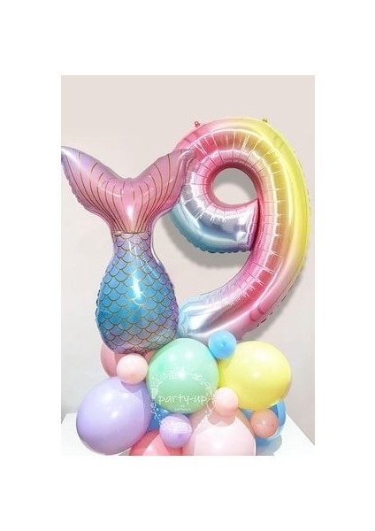 9 Yaş Rakam Balonlu Deniz Kızı Kuyruğu Karşılama Seti Gökkuşağı Rakam Balon Balık Kuyruğu