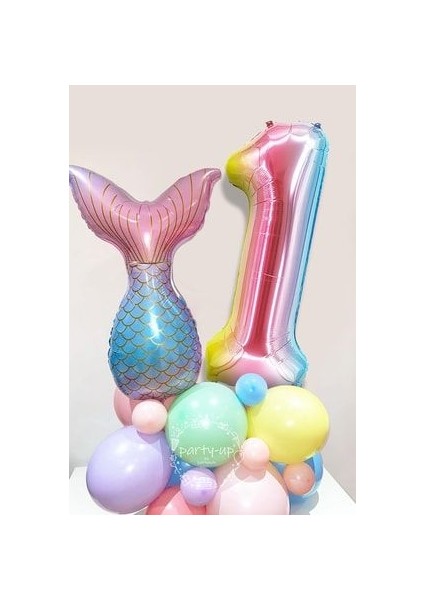 1 Yaş Rakam Balonlu Deniz Kızı Kuyruğu Karşılama Seti Gökkuşağı Rakam Balon Balık Kuyruğu