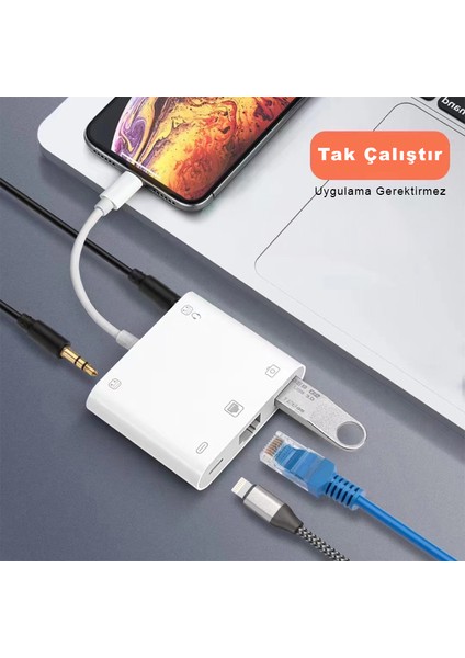 iPhone iPad Lightning Live Converter USB Ethernet Şarj Girişli Kulaklık Hub Çevirici S-330