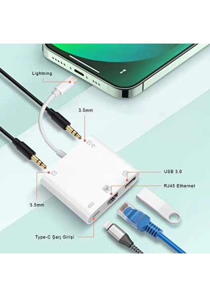 iPhone iPad Lightning Live Converter USB Ethernet Şarj Girişli Kulaklık Hub Çevirici S-330