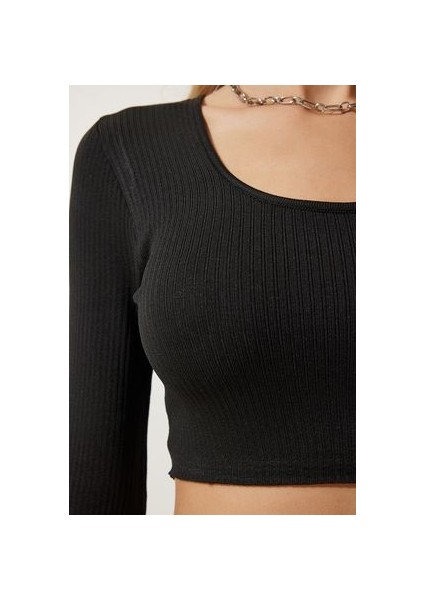 U Yaka Fitilli 2'li Paket Crop Triko Bluz Siyah Beyaz modelleri