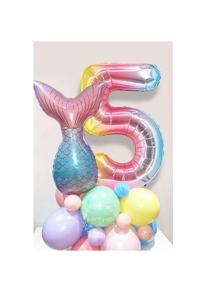 5 Yaş Rakam Balonlu Deniz Kızı Kuyruğu Karşılama Seti Gökkuşağı Rakam Balon Balık Kuyruğu