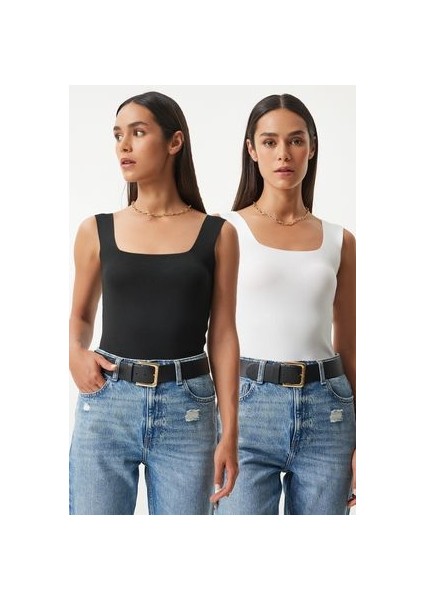 2'li Kare Yaka Kalın Askılı Triko Bluz Siyah Beyaz