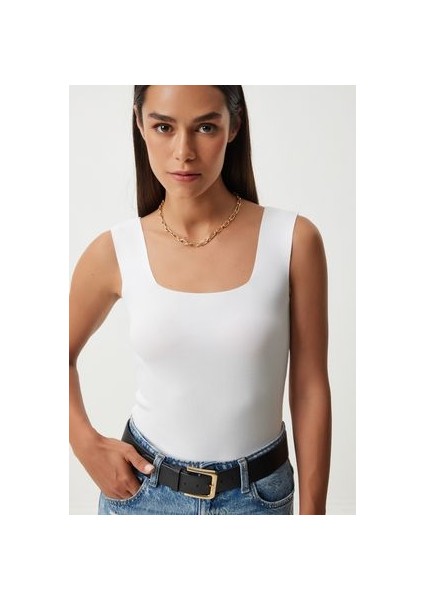 2'li Kare Yaka Kalın Askılı Triko Bluz Siyah Beyaz indirimleri