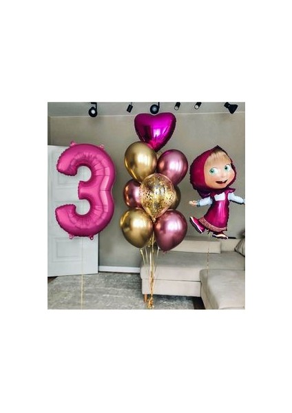 3 Yaş Lisanslı Büyük Boy Maşa ile Koca Ayı Balon Seti Maşa Balon ve 100CM Rakam Balon