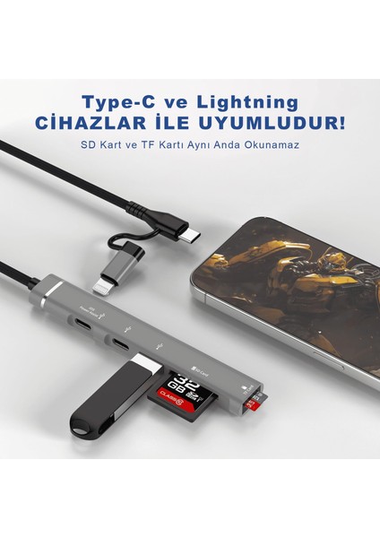 Type-C Lightning Pd Sd Tf Kart Okuyucu USB 3.0 Hub Çevirici 019E