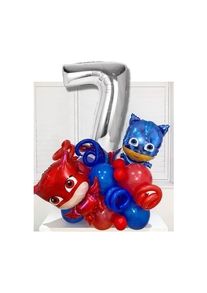 7 Yaş Gümüş Rakam Balonlu Pijamaskeliler Balon Karşılama Seti Pjmasks Kedi Çocuk Baykuş Kız