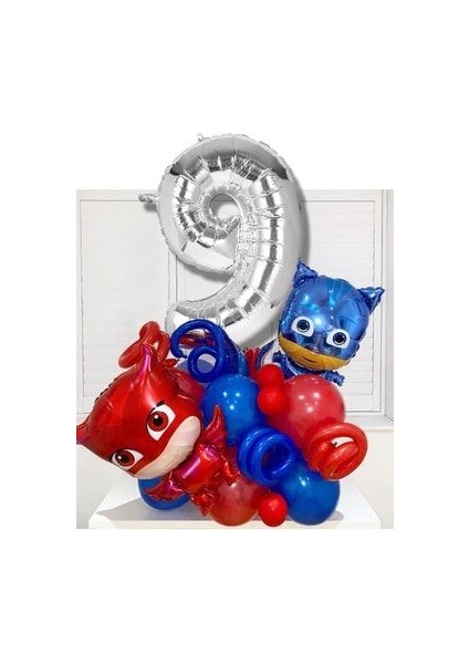 9 Yaş Gümüş Rakam Balonlu Pijamaskeliler Balon Karşılama Seti Pjmasks Kedi Çocuk Baykuş Kız
