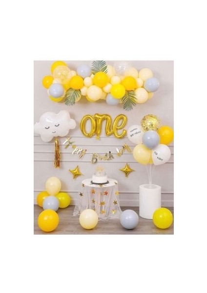 1 Yaş Doğum Günü Seti Balon Standı One Folyo Balon Bulut Balon Yıldız Balon