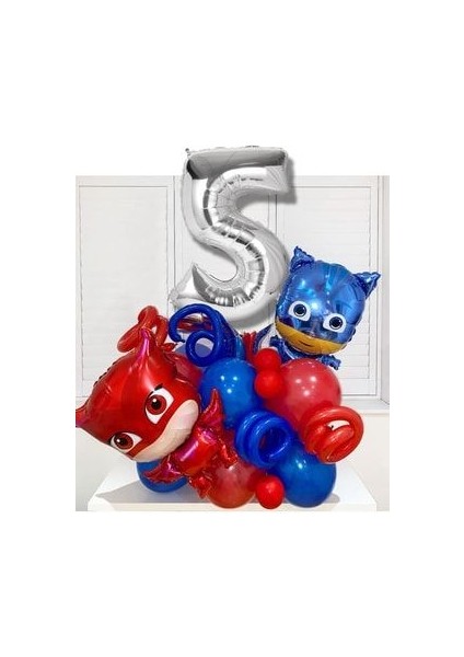 5 Yaş Gümüş Rakam Balonlu Pijamaskeliler Balon Karşılama Seti Pjmasks Kedi Çocuk Baykuş Kız
