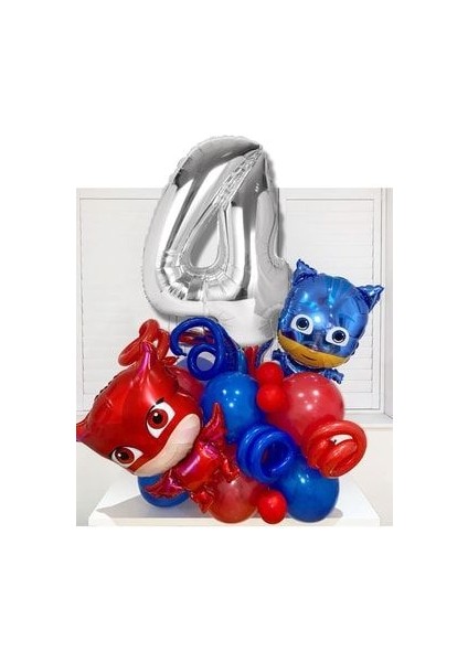4 Yaş Gümüş Rakam Balonlu Pijamaskeliler Balon Karşılama Seti Pjmasks Kedi Çocuk Baykuş Kız