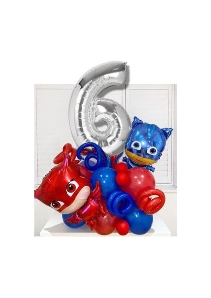 6 Yaş Gümüş Rakam Balonlu Pijamaskeliler Balon Karşılama Seti Pjmasks Kedi Çocuk Baykuş Kız