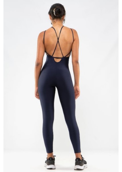 Kadın Indigo Renk Sırt Dekolteli Çapraz Bant Yoga Pilates Tayt Spor Tulum