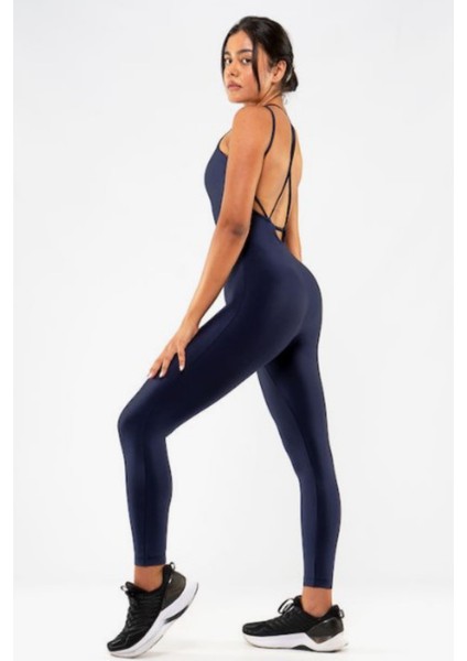 Kadın Indigo Renk Sırt Dekolteli Çapraz Bant Yoga Pilates Tayt Spor Tulum fiyatları