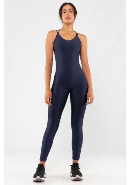 Kadın Indigo Renk Sırt Dekolteli Çapraz Bant Yoga Pilates Tayt Spor Tulum modelleri