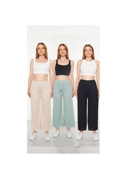 3'lü Krem - Su Yeşili - Siyah Kadın Fitilli Raporlu Pantolon & Eşofman, Gündelik Ev Giyim
