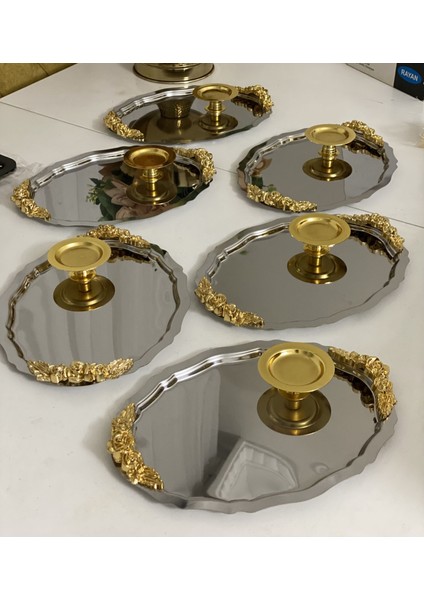 2 Model Çelik Oval Kulplu 25 cm Tepsi ve Gold Makaronluk 6 Lı Takım