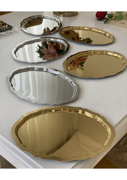 25 cm Gold ve Gümüş Renk Oval Model 6 Lı Sunum Tepsisi modelleri