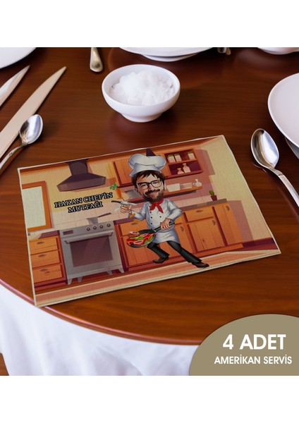 Kişiye Özel Karikatürlü 4’li Keten Amerikan Servis Seti-4, Ev Hediyesi,baskılı Servis Bezi, Mutfak Dekoru