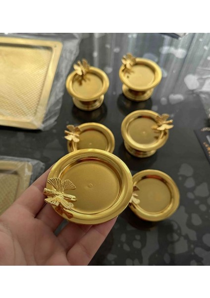 Elzem Tepsi Gold Renk Kelebek Aksesuarlı 6 Lı Makaronluk Lokumluk