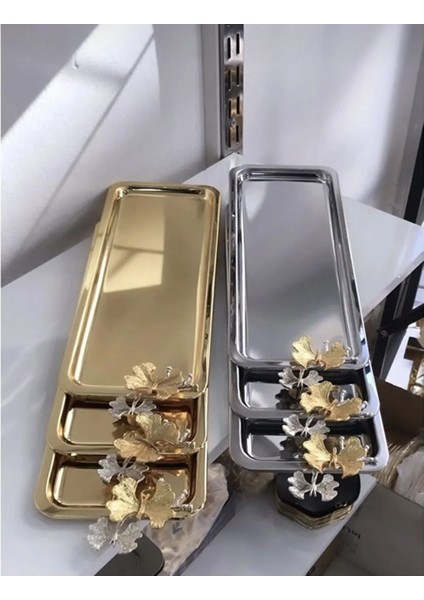 2 Renk Gold ve Gümüş 6 Lı Dikdörtgen Sunum Tepsisi Kelebek