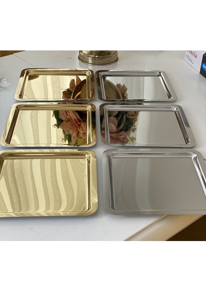 Paslanmaz Çelik Kare Model Gold ve Gümüş 6 Lı Sunum Tepsisi