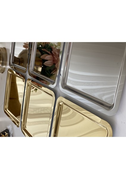 Paslanmaz Çelik Kare Model Gold ve Gümüş 6 Lı Sunum Tepsisi